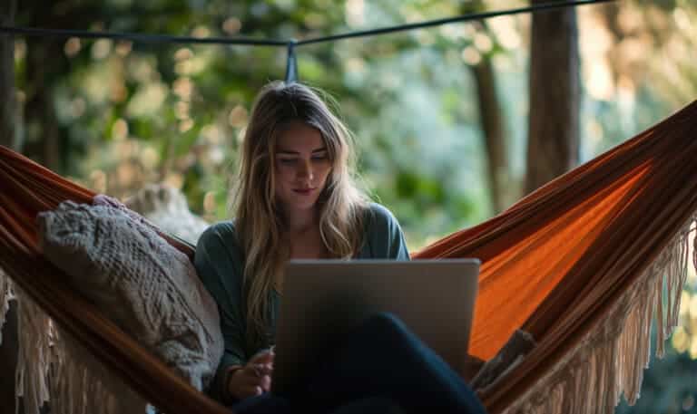 front view woman hammock working