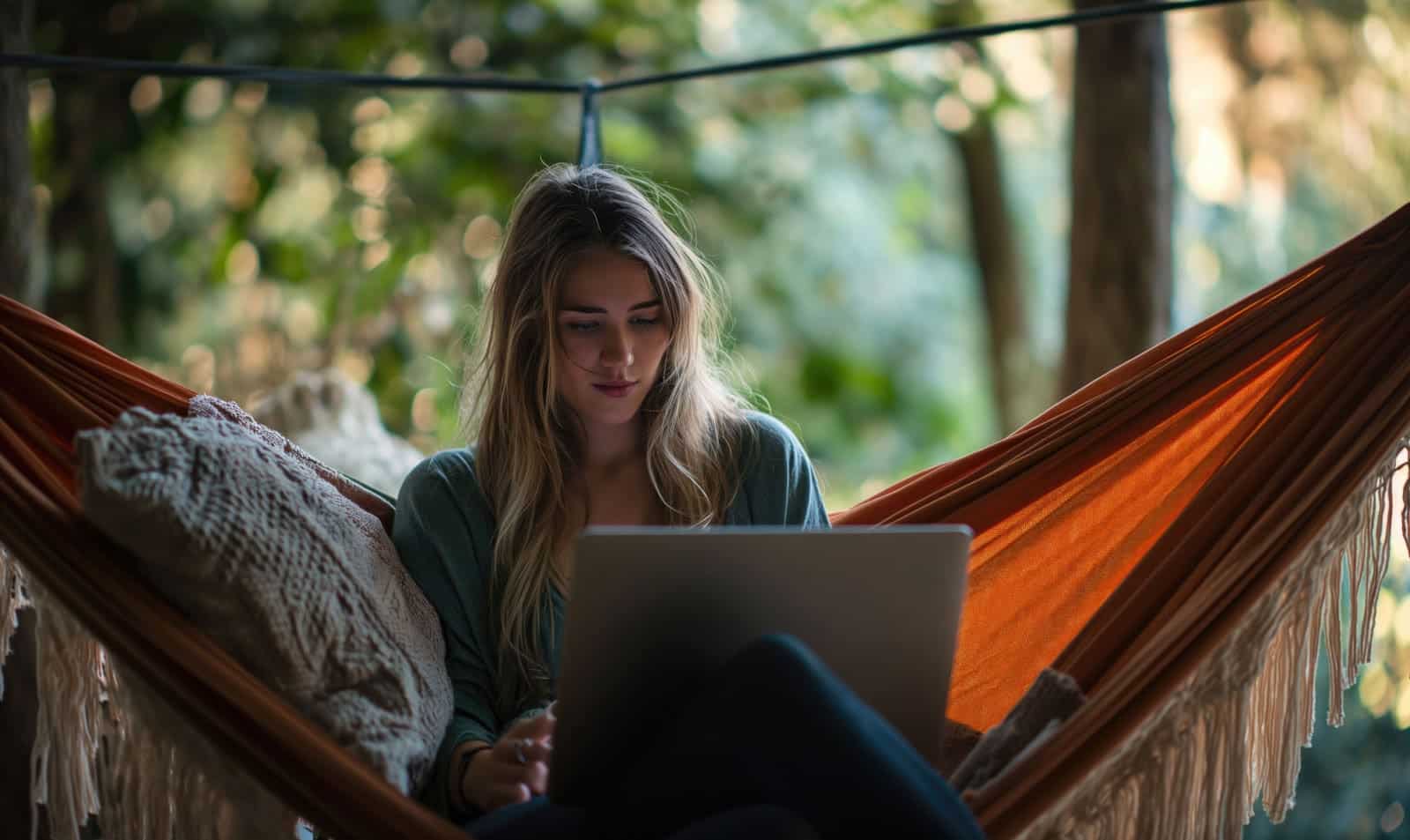 front view woman hammock working